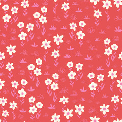 White flowers seamless vector pattern on a red background. Bold florals Scandinavian flat style repeating backdrop. Botanical minimalistic doodle flowers white pink red for fabric, home decor, summer 