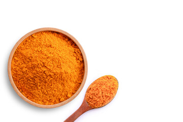Turmeric ( curcumin, Curcuma ) powder in wooden bowl and spoon isolated on white background .Top view. Flat lay.