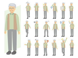 Senior man illustration set in green clothes