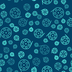 Green line Film reel icon isolated seamless pattern on blue background. Vector Illustration.