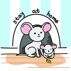 vector illustration line contour cute funny character cartoon mom mouse and baby mouse sitting near mink in wall stay home