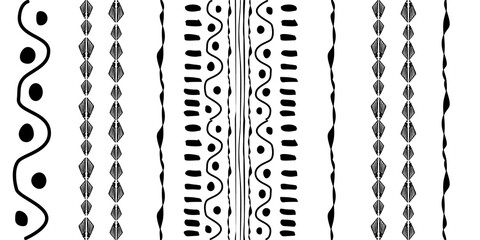 Black hand drawn stripes seamless monohrome pattern. Different elements