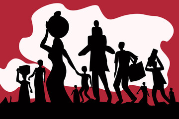Silhouette of exodus of economically backward people carrying luggages and children. - obrazy, fototapety, plakaty