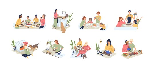 Set of people at kitchen vector flat illustration. Collection of families, couple, man and woman at cuisine. Diverse person cooking, eating food, talking and reading book isolated on white background