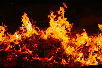 Fire flames isolated on black background. Copy space. 