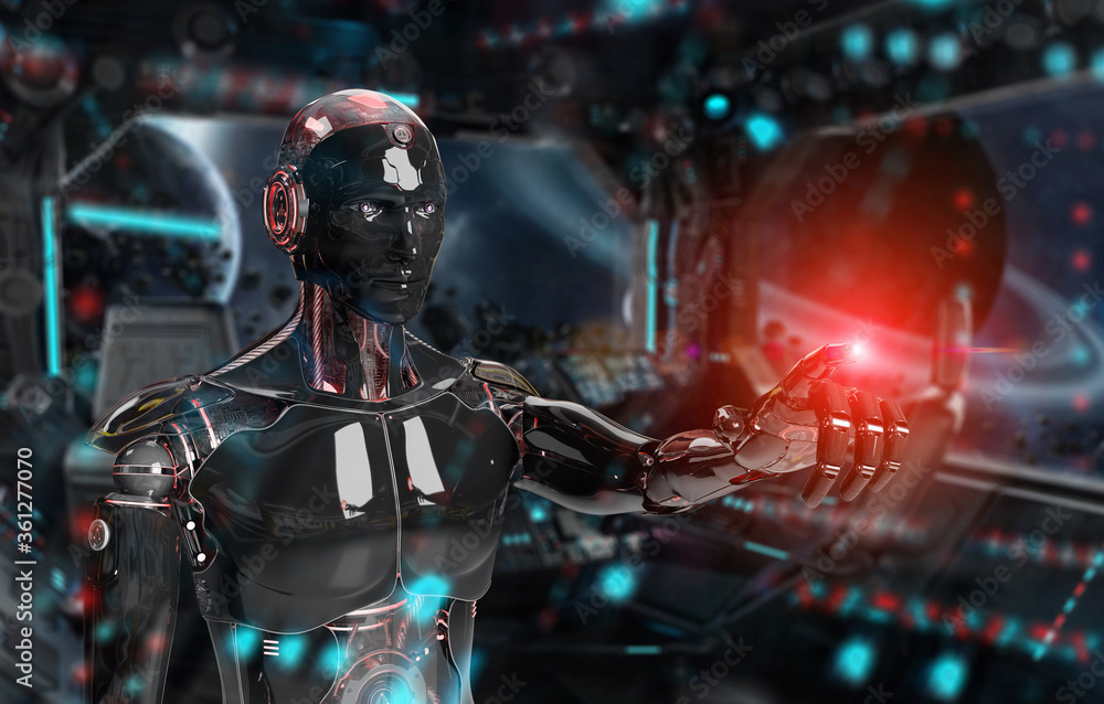 Poster black and red intelligent robot cyborg pointing finger on dark 3d rendering