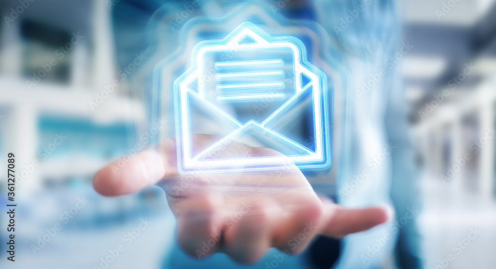 Aufkleber Man using digital email blue holographic interface 3D rendering