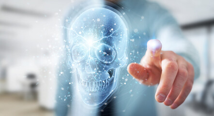 Man using digital x-ray skull holographic scan projection 3D rendering