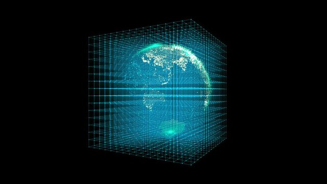 4k digital data globe with grid mesh;a scientific tech data network surrounding planet earth;Satellite data download.computing progress.