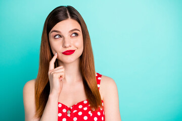 Closeup photo of pretty lady bright lipstick hold arm on chin tricky look side empty space have...