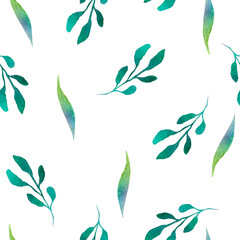 Seamless simple watercolor pattern. Green twigs and leaves on a white background