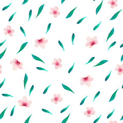 Seamless simple watercolor pattern. Pink flowers and green leaves on a white background