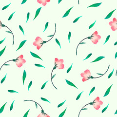 Seamless simple watercolor pattern. Pink flowers and leaves on pastel green background