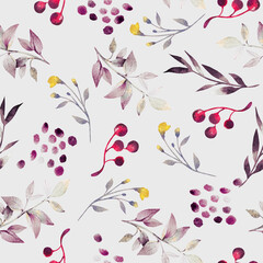 Seamless simple watercolor pattern. Yellow flowers, leaves and berries on a gray background