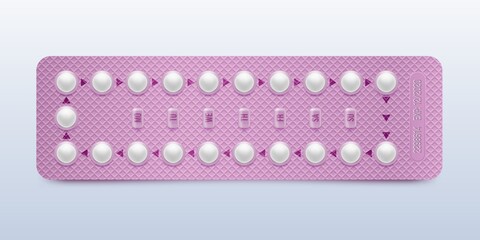 Pink packaging of birth control pills.