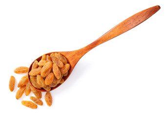 yellow raisins in the wooden spoon, isolated on white background, top view