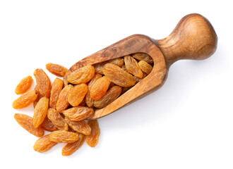 yellow raisins in the wooden scoop, isolated on white background, top view