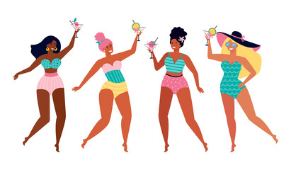 Female friends at a summer beach party. Funny girls in swimsuits drink a fruit cocktail. Summer holidays by the sea. Women of different nationalities and cultures. Hand drawn vector illustration