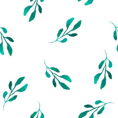 Fototapeta na wymiar Seamless watercolor pattern. Green twigs on white background