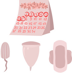 Set of objects for women's health. Pregnancy, ovulation and menstruation. Calendar with flowers, swab, pad and menstrual cup. Pink design.