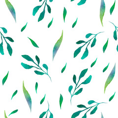 Seamless watercolor pattern. Green twigs and leaves on a white background