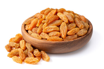 yellow raisin in the wooden plate, isolated on white background