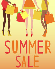 Summer sale, seasonal discounts. Slender tanned legs of girls. Women in short dresses and skirts, high heels. Girlfriends with shopping bags. Design for postcards, store advertising, flyer.
