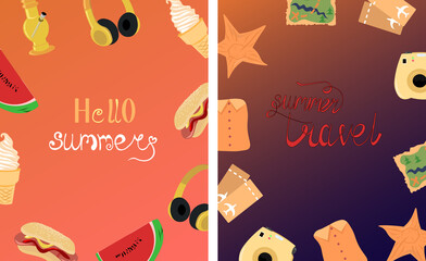 Hello summer. Trevel Bright postcard. Juicy watermelon, vanilla ice cream and a hot dog. Yellow headphones and bong. 