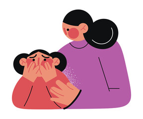 Young mother hugging small daughter victim of domestic violence
