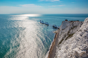 Late summer evening at the Needles.Beautiful landscape from The Needles Isle of Wight,one of the most romantic and iconic places in England,Needles park Isle of Wight - obrazy, fototapety, plakaty