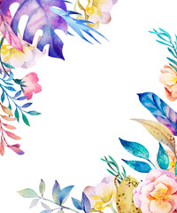 Watercolor botanical illustration. Tropical leaves and flowers in the corners. Perfect for wedding invitations,  greeting card, posters