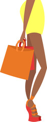 Slender legs in high-heeled shoes. Girl in a yellow mini skirt. Multi-colored bags and bags for shopping.