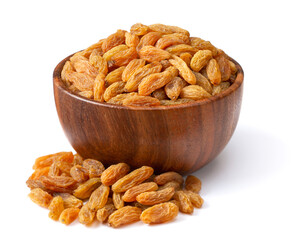 close up of raisin in the wooden bowl, isolated on white background