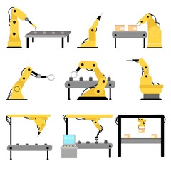 Mechanical arms working with production assembly and packaging at factory