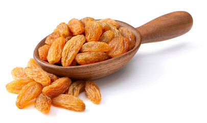 yellow raisins in the wooden spoon, isolated on white background