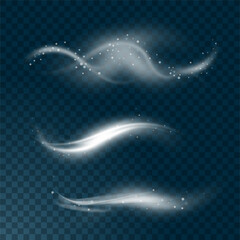 Vector realistic set of high detailed wind or dust cloud isolated on transparent background. Effect of white smoke, fog, spray.