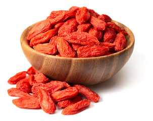 dried Chinese wolfberries in the wooden bowl, isolated on white background