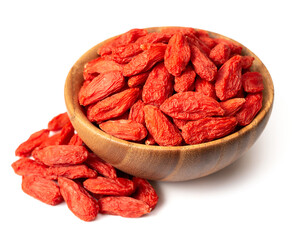 dried Chinese wolfberries in the wooden bowl, isolated on white background