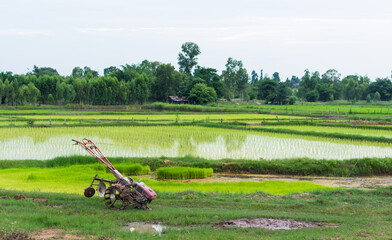 Walking tractor parking at rice field in rainy season,selective focus.