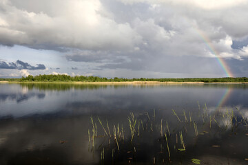 Landscape of rainbow over lake Seliger