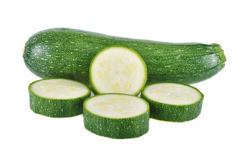 fresh green zucchini with slice isolated on white background.