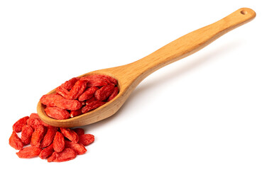 dried Chinese wolfberries in the wooden spoon, isolated on white background
