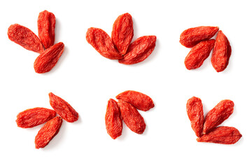 dried Chinese wolfberries isolated on white background, top view