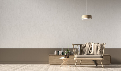Empty wall mock up in modern style interior with wooden armchair. Minimalist interior design. 3D illustration.