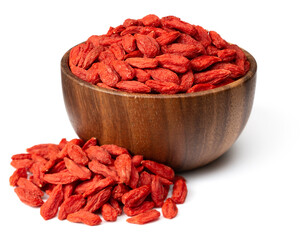 dried Chinese wolfberries in the wooden bowl, isolated on white background