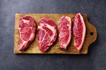 Variety of fresh Black Angus Prime raw beef steakes