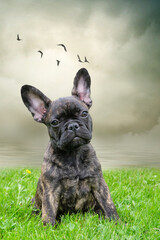 An adorable brown and black brindle French Bulldog Dog, against a dramatic sky background, with birds,composite photo