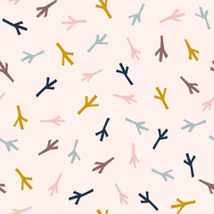 Abstract multicolored branches on light pink background. Vector seamless pattern with abstract shapes. Hand drawn backdrop for textile, wrapping paper, flat and kid's design.