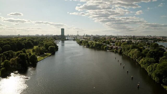 Sunny Spree River and cityscape, Berlin, Germany