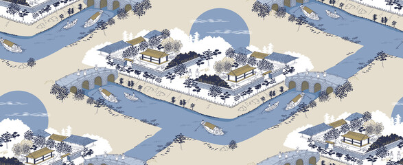 Vector seamless background illustration of the landscape of an old Korean village by a river with a stone bridge and small boats.